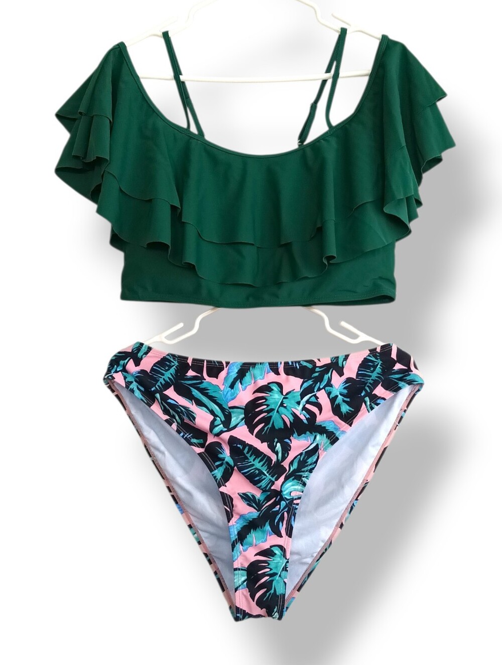 Ruffled Off-Shoulder Bikini Set Forest Green Pink Palm Tropical Floral High Leg